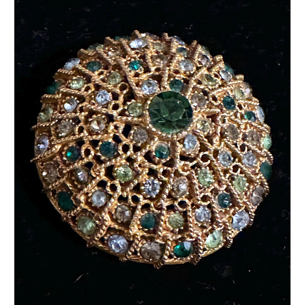 Vintage Arthur Pepper ART Dome Circle Pin Gold Tone w/ Green rhinestones